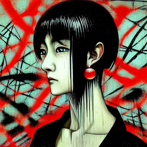 Image similar to yoshitaka amano blurred and dreamy realistic three quarter angle horror portrait of a sinister young woman with short hair, big earrings and black eyes wearing office suit with tie, junji ito abstract patterns in the background, satoshi kon anime, noisy film grain effect, highly detailed, renaissance oil painting, weird portrait angle, blurred lost edges