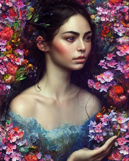 Image similar to portrait of riley reid, surrounded by flowers by karol bak, james jean, tom bagshaw, rococo, sharp focus, trending on artstation, cinematic lighting, hyper realism, octane render, 8 k, hyper detailed.