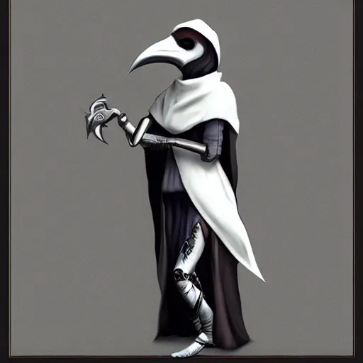 Image similar to female plague doctor donning a black hood, steel knightly armor and a white crow mask, trending on artstation