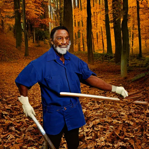 Image similar to closeup portrait of a cleaner with a huge rake in a fall forest, sports photography, by Neil Leifer and Steve McCurry and David Lazar, natural light, detailed face, CANON Eos C300, ƒ1.8, 35mm, 8K, medium-format print