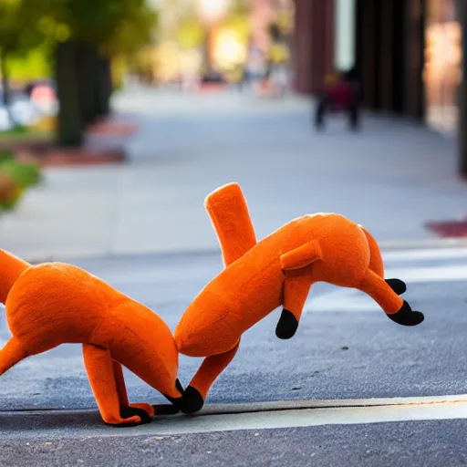 Image similar to Two fox! plushies playfully wrestling on the sidewalk, dynamic, motion blur, 1/4 shutter speed, award winning photography