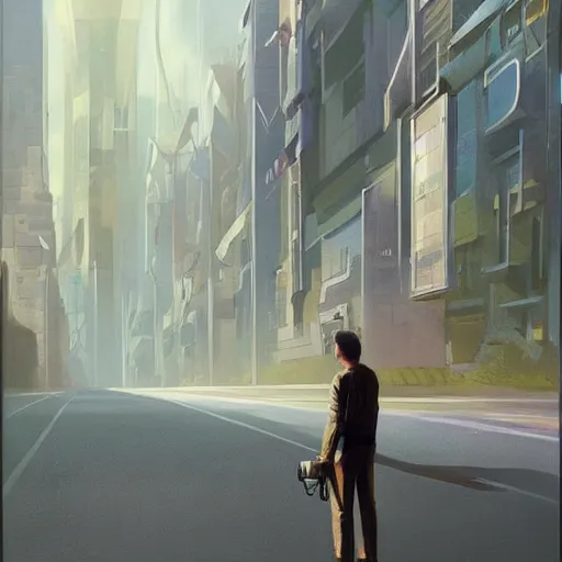 Image similar to a painting of a person standing on a road, concept art by chris labrooy, cgsociety, retrofuturism, sci - fi, concept art, futuristic