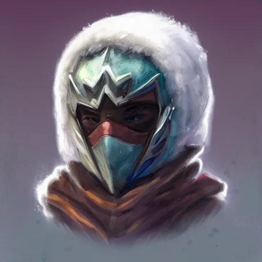 Prompt: bandit from ‘ icewind dale ’ with a frost gem mask, ‘ icewind dale 2 ’ profile portrait by ‘ justin sweet ’, falling snow, soft focus, illustration, oil paint, artstation