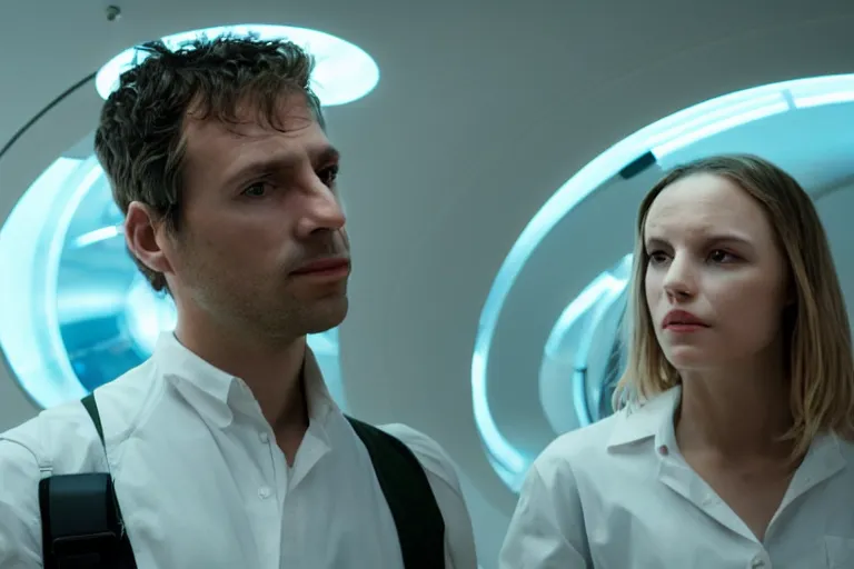 Image similar to movie closeup polar opposites, couple, researchers in a futuristic lab building inter dimensional portal machine, beautiful skin, Symmetrical faces. Beautiful lighting by Emmanuel Lubezki