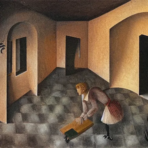 Prompt: a Remedios Varo painting of a suburban stucco house