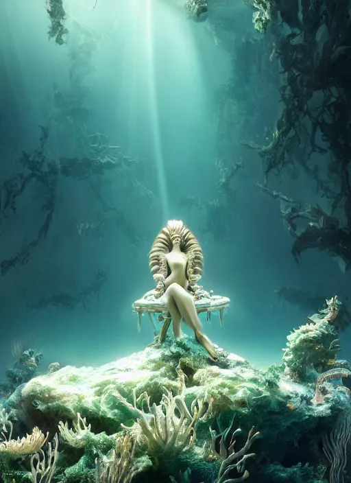 Image similar to beauteous underwater biomechanical incredible hair, crystalline masterpiece incrustations, hyperdetailed face, flippered feet, elegant pose, movie still, intricate, octane render, cinematic forest lighting, cgsociety, unreal engine, crepuscular rays, god rays, caustic shadows lighting