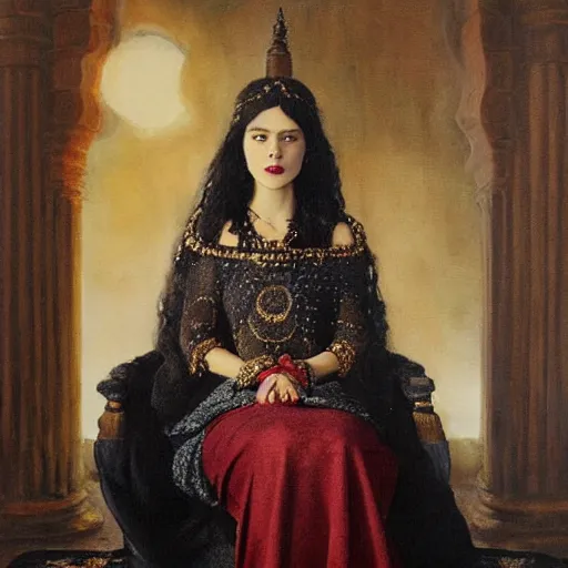 Image similar to a oil painting of a fair skin with dark curly stylised hair queen wearing dress on a throne, medieval arabic, by frederick william elwell, by otomo highly detailed, realistic, concept art, jewels, oriental, desaturated