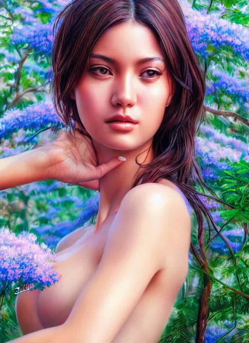 Image similar to photo of a gorgeous female in the style of stefan kostic, realistic, professionally, half body shot, sharp focus, 8 k high definition, insanely detailed, intricate, elegant, art by stanley lau and artgerm, bokeh foliage