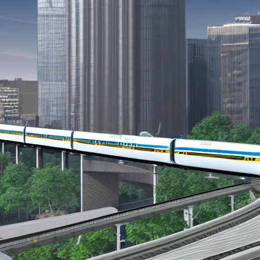 Prompt: a maglev train running high above the streets of cleveland, render, photo, 4k, ultrarealistic, unreal maya