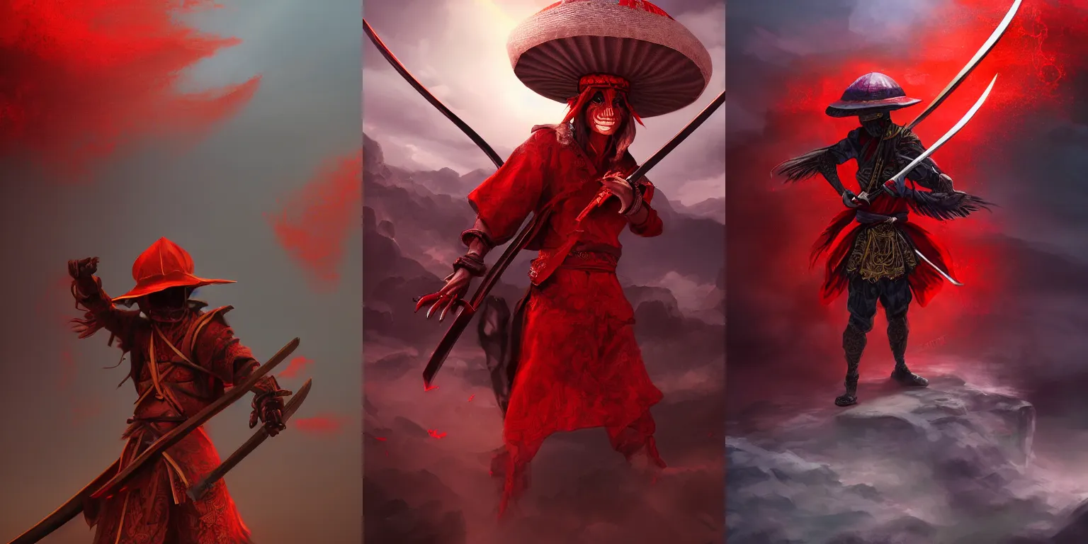 Prompt: Half-length portrait of a demonic humanoid wearing an asian rice hat and a katana. Volumetric lighting, bloom, shadows. Red flux, clothing. Asian landscape, clouds. Fantasy, digital painting, HD, 4k, detailed.