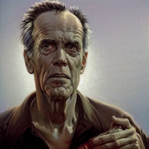 Prompt: a highly detailed epic cinematic concept art CG render digital painting artwork costume design: Henry Fonda as a 1950s tired disillusioned poet, barefoot, cigarette in mouth. volumetric lighting. By Greg Rutkowski, in the style of Francis Bacon and Syd Mead and Norman Rockwell and Beksinski, open ceiling, highly detailed, painted by Francis Bacon and Edward Hopper, painted by James Gilleard, surrealism, airbrush, Ilya Kuvshinov, WLOP, Stanley Artgerm, very coherent, triadic color scheme, realistic facial expression, art by Takato Yamamoto and James Jean