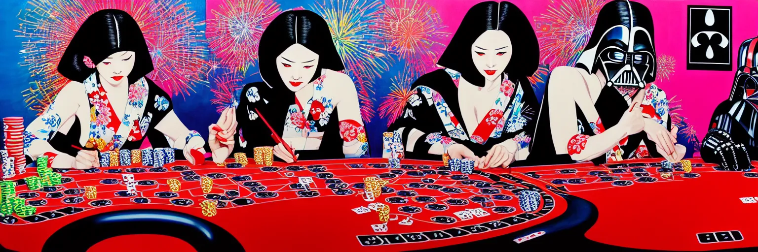 Image similar to hyperrealism composition of the detailed woman in a japanese kimono sitting at an extremely detailed poker table with darth vader, terminator, fireworks on the background, pop - art style, jacky tsai style, andy warhol style, acrylic on canvas