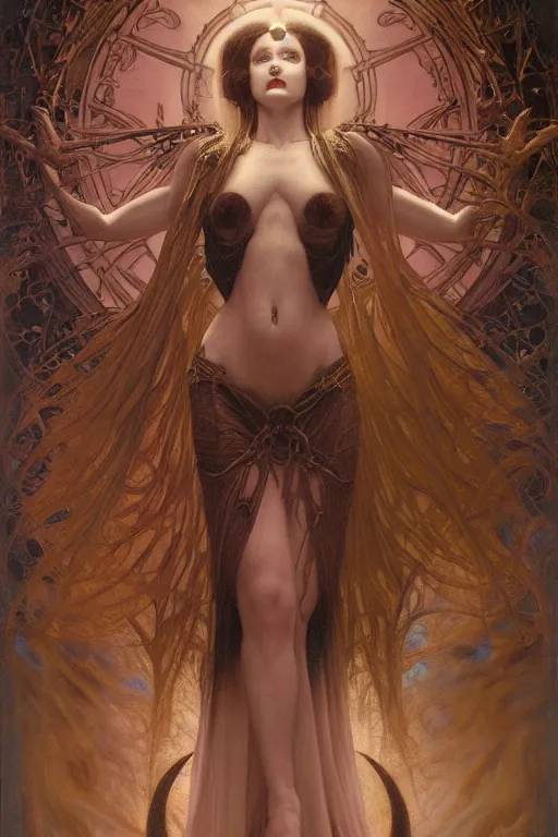 Image similar to masterpiece painting of beautiful infernal succubus girl by donato giancola, h. r. giger and tom bagshaw, face by artgerm and edmund leighton, background by james jean and alphonse mucha, 8 k, gothic horror, majestic, volumetric lighting, porcelain skin, art deco, trending on pixiv