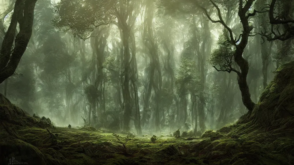 peaceful elven forest, thick forest filled with elven