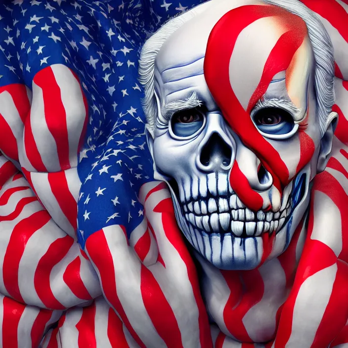 Image similar to PATRIOTIC portrait of joe biden as skeleton. burning distortions. intricate abstract. intricate artwork. by Tooth Wu, wlop, beeple, dan mumford. octane render, trending on artstation, greg rutkowski very coherent symmetrical artwork. cinematic, hyper realism, high detail, octane render, 8k, iridescent accents