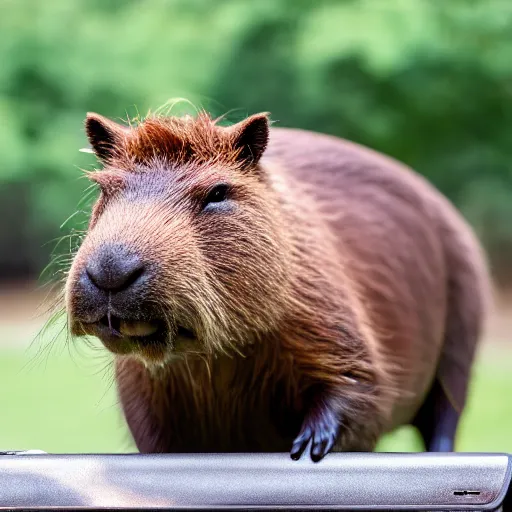 Prompt: cute capybara eating a nvidia gpu, cooling fans on the gpu, a happy capybara chewing on a video card, soft blue lights, bokeh, sharp focus, 3 5 mm, taken by sony a 7 r, 4 k, award winning