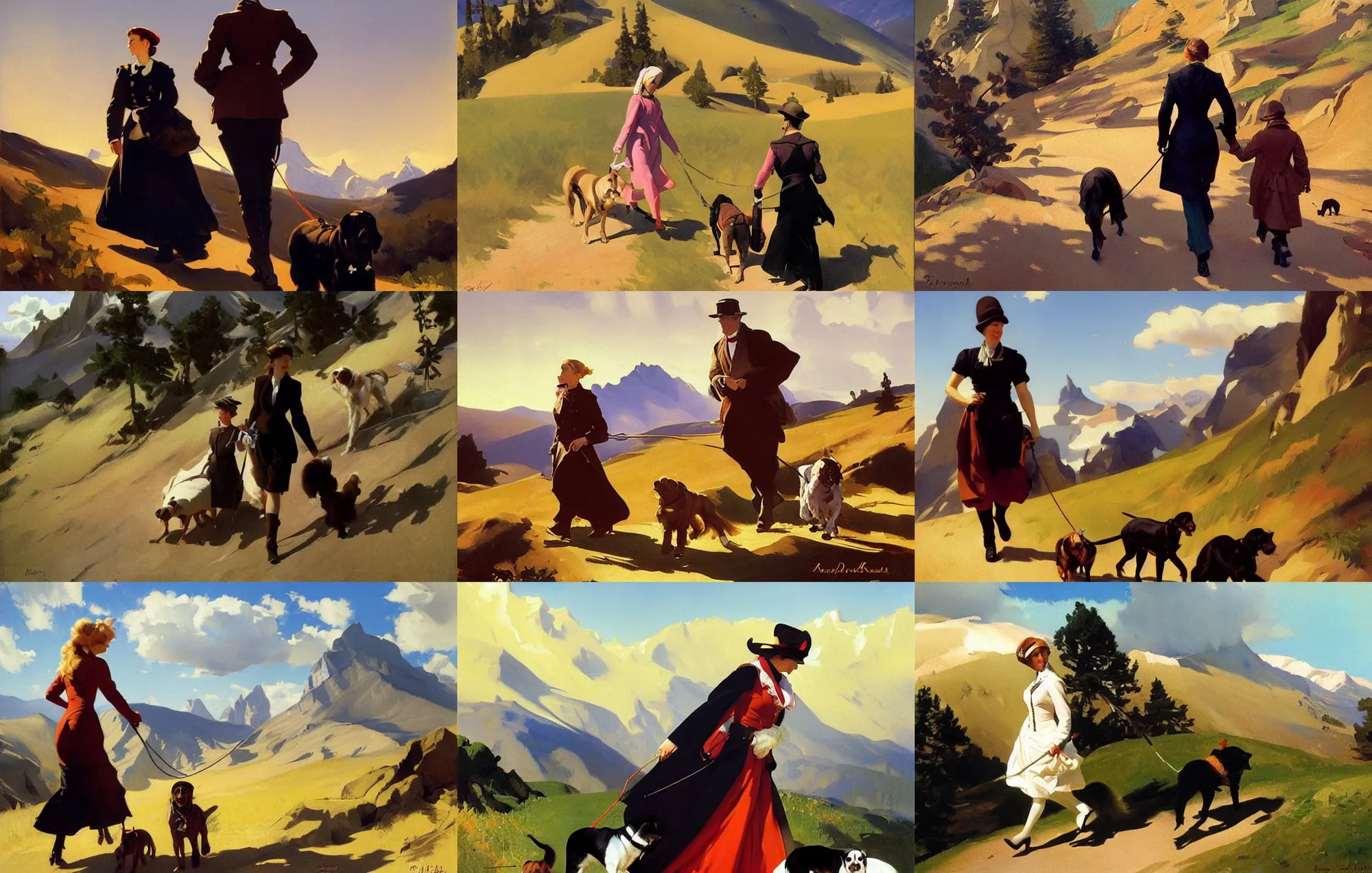 Prompt: painting by sargent and rhads and leyendecker and greg hildebrandt woman walking with her dog ` s in the kaiser mountains