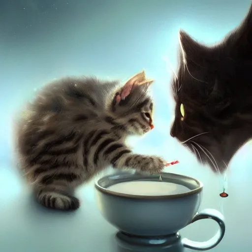 Prompt: Kitten drinking tea, dramatic scene, masterpiece digital painting by Greg Rutkowski, Alex Grey, artstation, 4k wallpaper