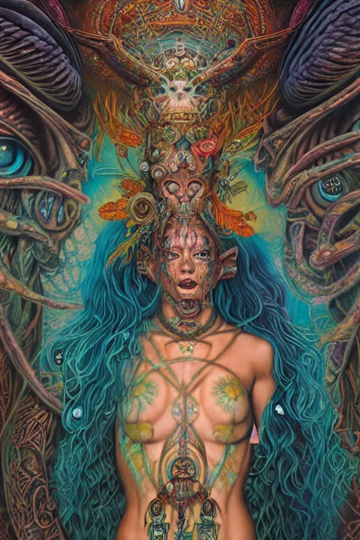 Prompt: psychedelic shaman, amber and teal, wearing celtic tattoos, inside an epic, ancient temple, ayami kojima, greg hildebrandt, mark ryden, hauntingly surreal, eerie vibrating color palette of charlie immer, highly detailed painting by, jenny saville, soft light 4 k
