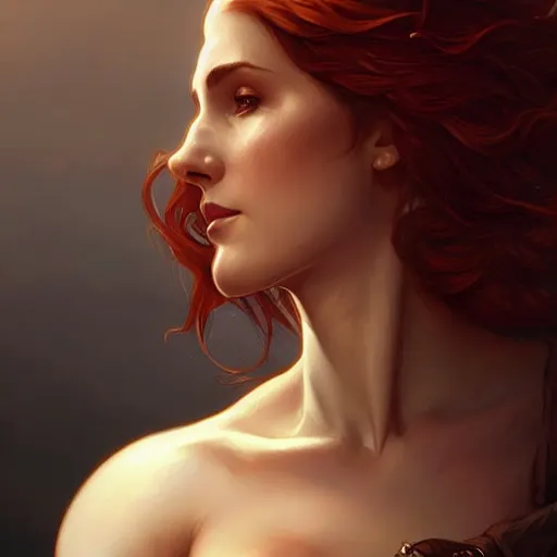 Image similar to Triss Merigold from The Witcher, D&D, fantasy, intricate, elegant, highly detailed, digital painting, artstation, concept art, matte, sharp focus, illustration, art by Artgerm and Greg Rutkowski and Alphonse Mucha