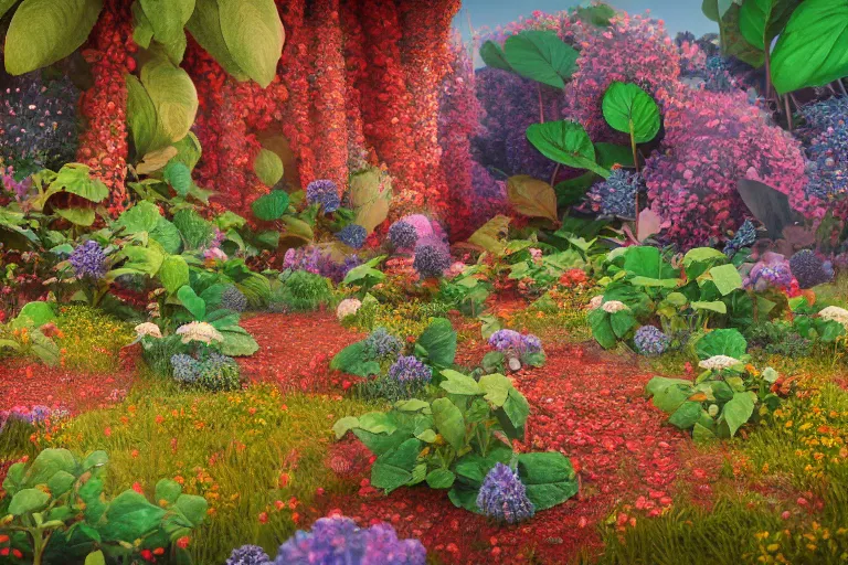 Image similar to super detailed color art, a lot of small garden flowers, A multiverse of berries, unreal engine, wes anderson color palette, 3d render, colorful, digital art