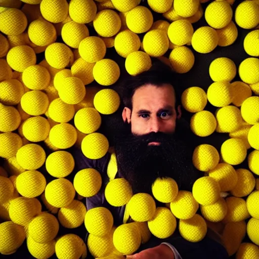 Image similar to a man with a beard in only one side looking at the camera, under a ball pool of yellow and white balls.