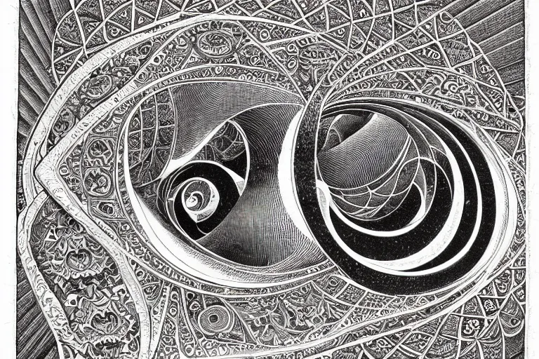 Image similar to an ornate illustration in the styles of mandalas and fractals, the styles of escher and penrose, depicting a weasel staring deep into the heart of the impossible all - and - nothing of the emerging technological singularity ; / what has god wrought? / he seems to be whispering.