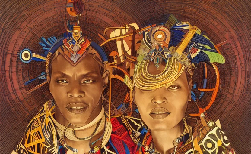 Prompt: a retro futuristic african tribal chief, art by joseph christian leyendecker, design blocking by drew struzan and alphonso mucha, highly detailed, digital painting, concept art, smooth sharp focus, intricate, symmetry,