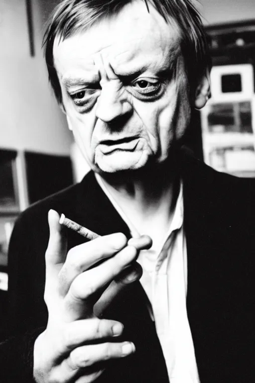 Image similar to highly detailed photo of Mark E Smith, smoking a cigarette