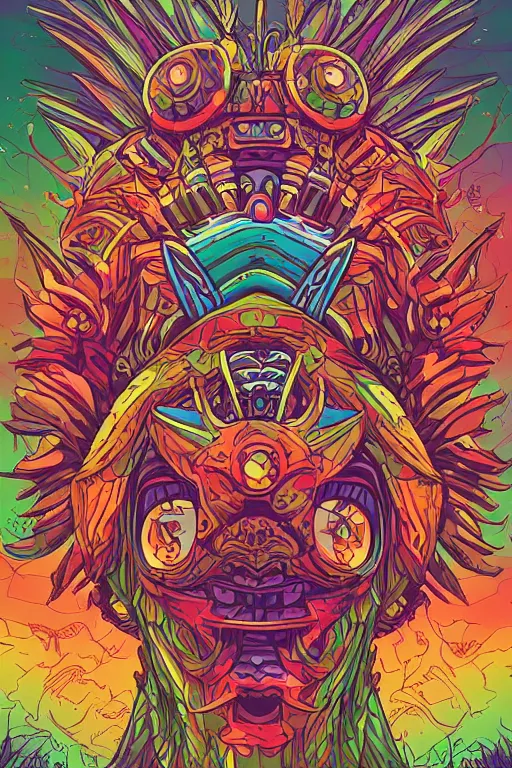 Image similar to totem animal mask tribal feather gemstone plant wood rock shaman vodoo video game vector illustration vivid multicolor borderlands comics by josan gonzales and dan mumford radiating a glowing aura