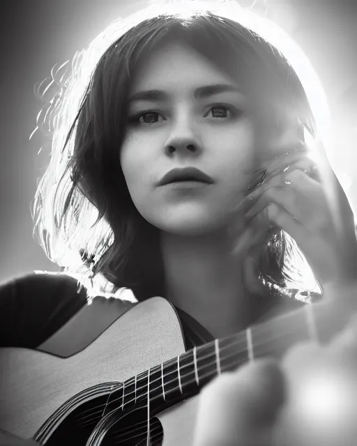 Prompt: beautiful photograph hd detailed cinematic acoustic guitar girl portrait in alex ross technoir kubrick leica zeiss depth of field lens flare style trending on flickr