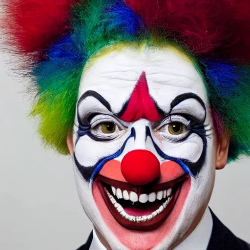 Image similar to UHD candid photo of Zelensky dressed as a clown, wearing accurate clown makeup, accurate face, UHD, photorealistic, correct face, photo by Annie Leibowitz