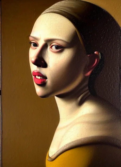 Image similar to portrait of scarlett johansson, oil painting by johannes vermeer, 1 7 th century, art, close up, oil on canvas, wet - on - wet technique, realistic, expressive emotions, intricate textures, illusionistic detail