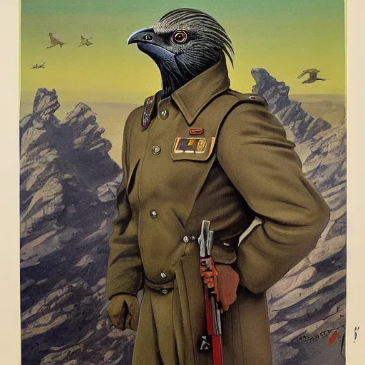 Prompt: a detailed and complex, highly detailed, concept art, soviet propaganda poster depicting a dromaius in military uniform. painting by irakli toidze,