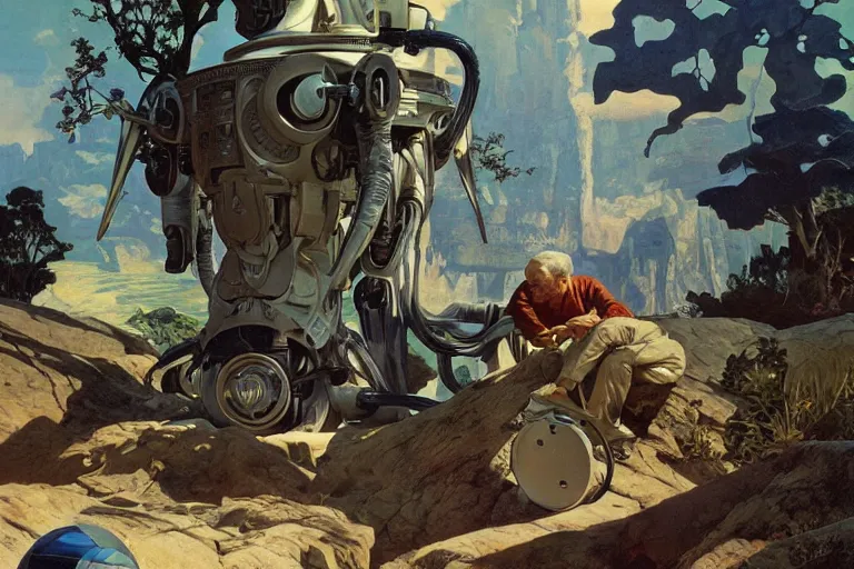 Image similar to natural landscape | robot repairing another robot, painting by syd mead and weta studio, alphonso mucha, james jean, frank frazetta, highly detailed, rule of third, soft lighting, 8 k resolution, oil on canvas, architectural magazine, beautiful detailed, insanely intricate details, artstation trending, hypermaximalistic, high details, cinematic