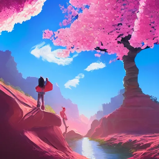 Image similar to giant cherry blossom as a head, girl hiking in a canyon, surreal photography, sunrise, dramatic light, impressionist painting, colorful clouds, digital painting, artstation, simon stalenhag