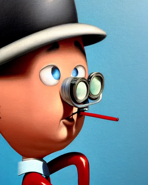 Image similar to closeup face profile portrait of a tin toy jacques tati as monsieur hulot, hyper realistic, artstation, illustration, nicoletta ceccoli, mark ryden, lostfish, max fleischer, digital paint, matte paint, vivid colors, dark, sinister, detailed and intricate environment