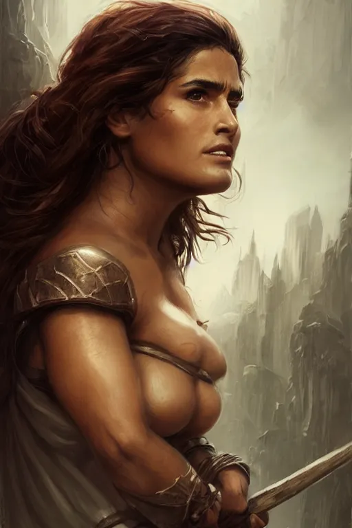 Image similar to portrait, Salma Hayek , barbarian , face portrait, raphael lacoste, eddie mendoza, alex ross, concept art, matte painting, highly detailed, rule of thirds, dynamic lighting, cinematic, detailed, denoised, centerd