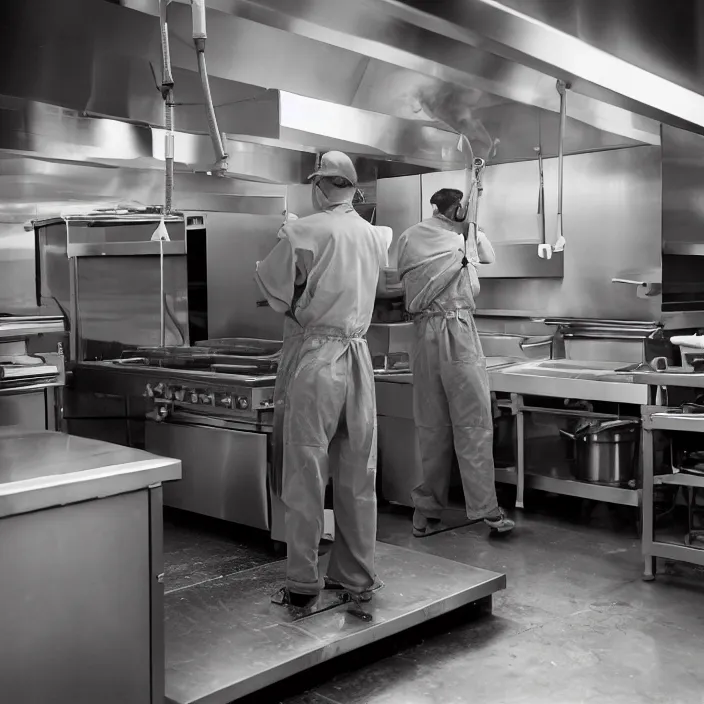 Prompt: a man standing in a restaurant kitchen, he is by the fryers and using a pressure washer to spray wash the exhaust duct that is overhead and above the fryer vat, canon eos c 3 0 0, ƒ 1. 8, 3 5 mm, 8 k, medium - format print