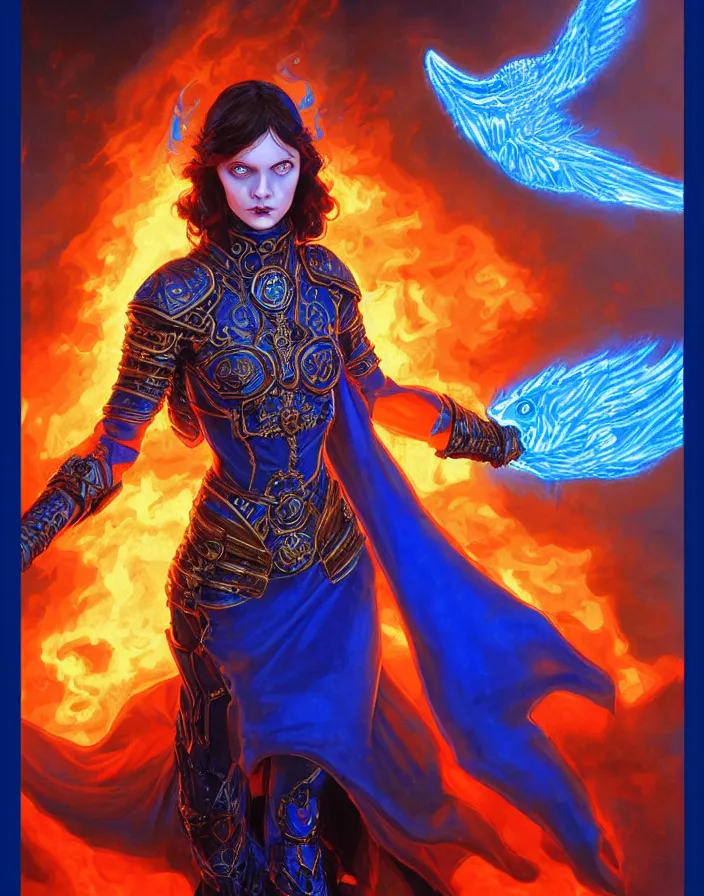 Image similar to young morgana, battle mage, brilliant royal blue flames surrounding her, intricate detail, ornate, tarot card, digital artwork by artgerm and lily abdullina, wpol and sarasti, donato giancola and android jones, artstation