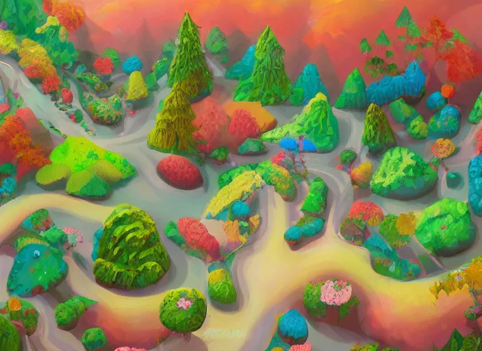 Image similar to enviroment design for a biome for candy kids game, top angle, trees candy themed, oil painting by jama jurabaev, extremely detailed, brush hard, artstation, for aaa game, high quality, brush stroke