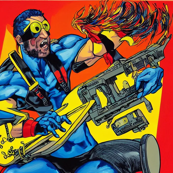 Image similar to cyclops (from x-men) playing an MPC 2000XL, colourful painting by Toni Toscani,