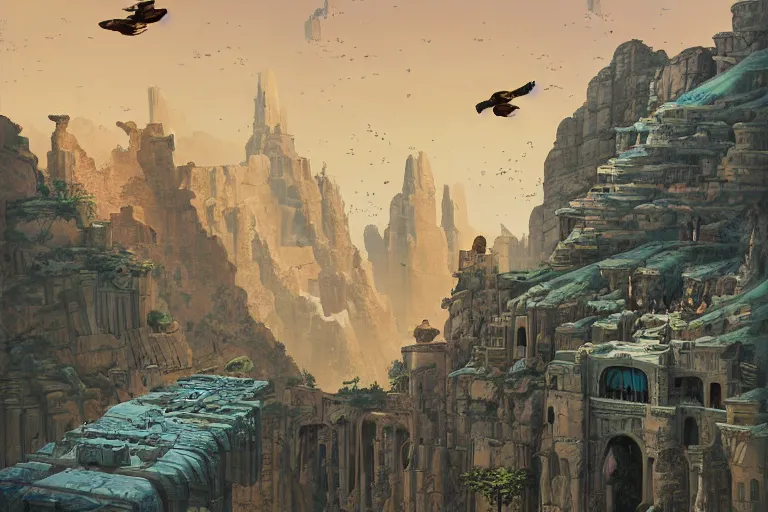 Image similar to an architectural painting of birds flying above the ruins of an archaic city of ancient persia looming above a canyon by syd mead and peter mohrbacher and james gilleard in the style of hugh ferriss