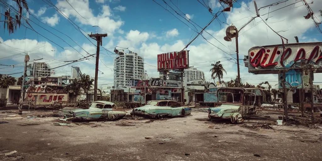 Image similar to low wide angle shot of dilapidated fallout 5 miami, tropical coastal city, desolate, dilapidated neon signs, few rusted retro futuristic vintage parked vehicles like cars, buses, trucks, trams, sunny weather, few clouds, volumetric lighting, photorealistic, daytime, spring, sharp focus, ultra detailed, 4 0 0 0 k