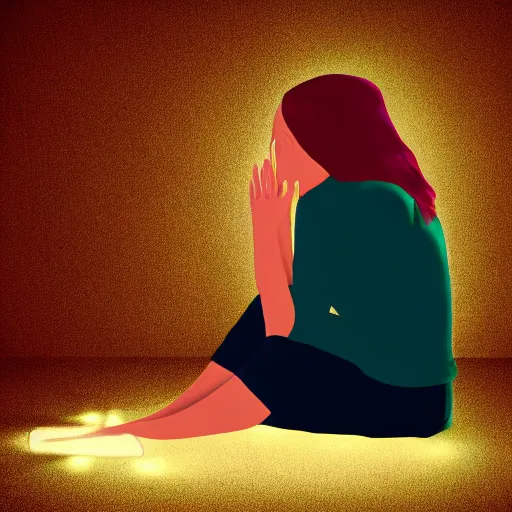 Prompt: a pretty young woman who is very depressed and feeling hopeless sitting in the corner of her room waiting for The End. fractal lighting. machine shadowing. happy image of a mentally unwell young woman. 'happy birthday depressed young woman, hahaha!', worthless soul sitting in the corner of her room.