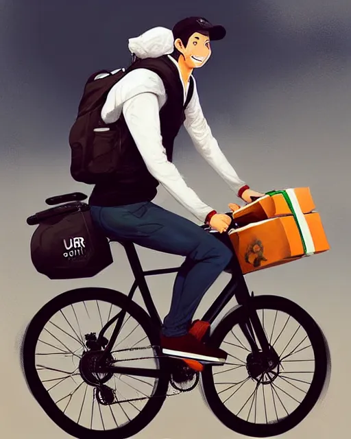 Image similar to a ultradetailed painting of a uber eats food delivery guy on a bicycle, greg rutkowski and makoto shinkai trending on artstation