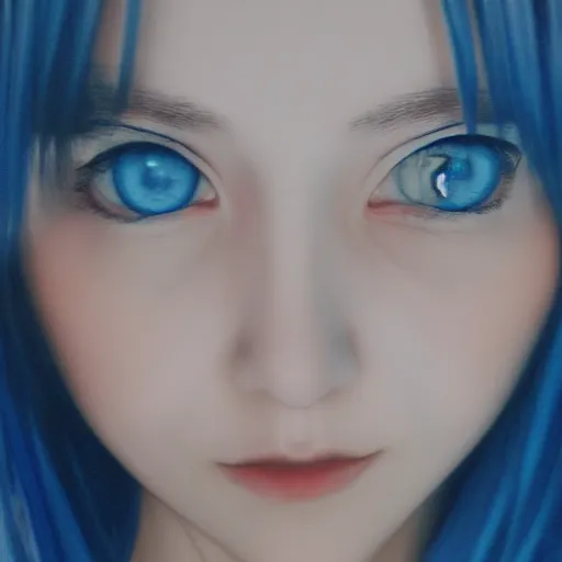 Image similar to (anime girl), blue ((symmetric)) eyes 24yo, studio, 35mm, soft artistic filter, annie leibowit