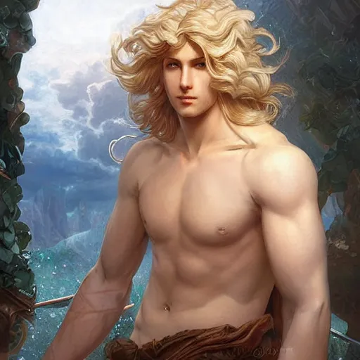 Image similar to Apollo the pale blond Greek God league of legends on his day off, long fluffy curly blond hair, highly detailed, digital painting, artstation, concept art, smooth, sharp focus, illustration, ArtStation, art by artgerm and greg rutkowski and alphonse mucha and Edmund Blair Leighton and Charlie Bowater