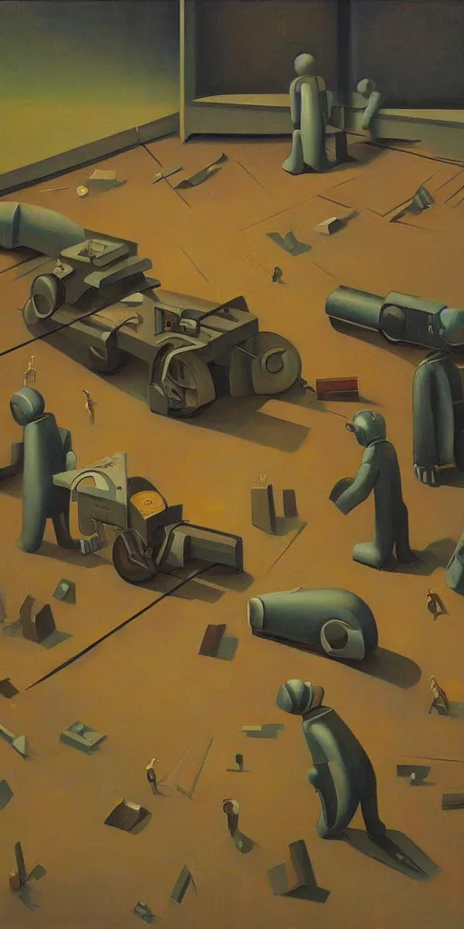 Image similar to robots falling down a deep shaft, grant wood, pj crook, edward hopper, oil on canvas