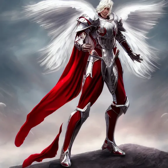 Image similar to cinematic full body shot of a male angel flying, white metallic armor, red cape, elegant pose, detailed arms, detailed white armor, two arms, two legs, detailed fanart, rpg art, d&d art, macro art, digital art, DeviantArt, artstation, 8k HD